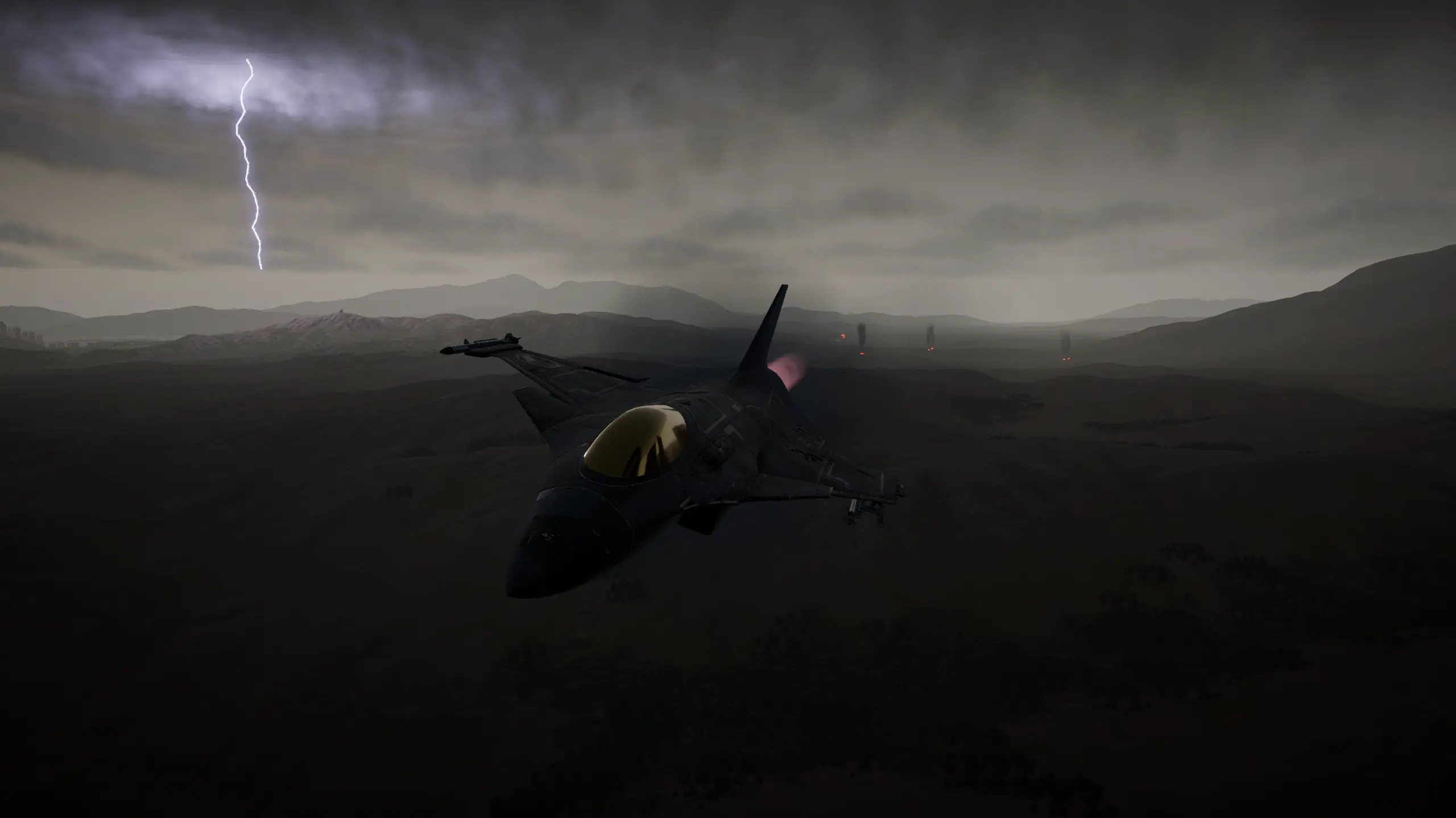 An FS-12 Revoker flying away from the battlefield during a dramatic thunder and fog